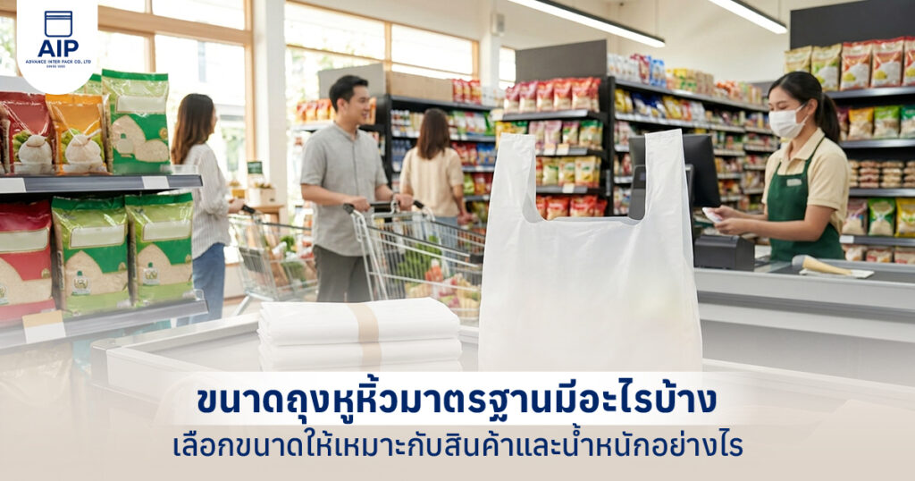 ถุงพลาสติกหูหิ้วสีขาวสำหรับใส่สินค้าบริเวณจุดชำระเงินในร้านค้า