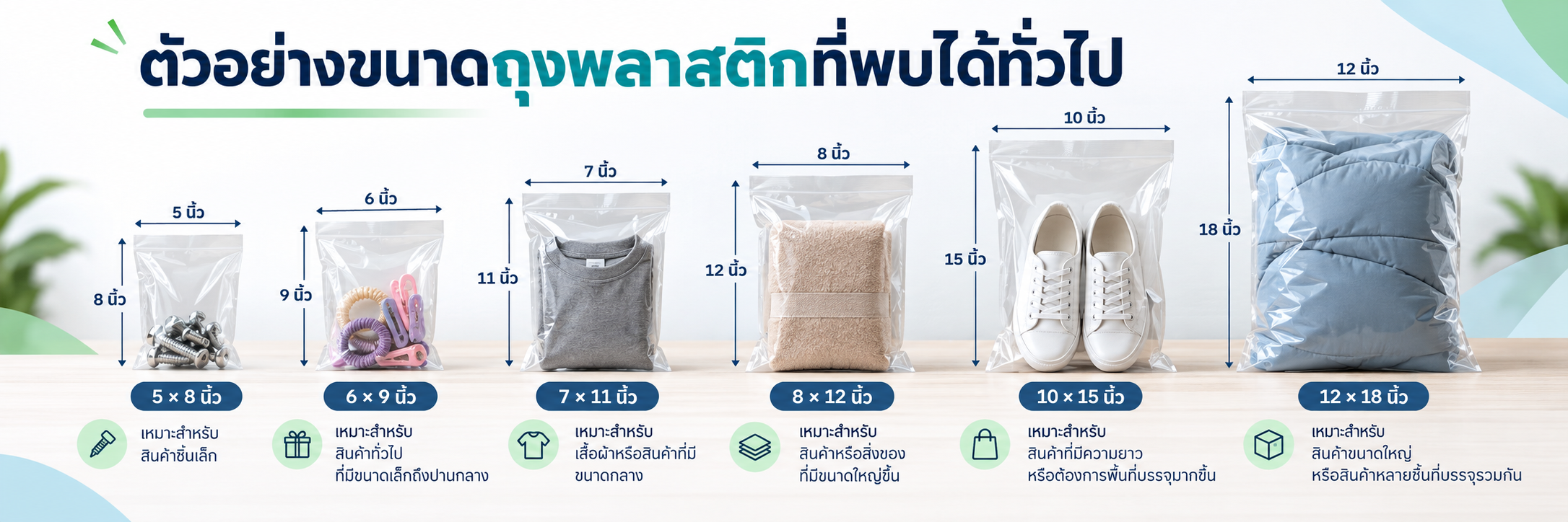 ขนาดถุงพลาสติกมาตรฐาน 5x8 ถึง 12x18 นิ้ว พร้อมตัวอย่างสินค้าและแนวทางเลือกขนาดถุงพลาสติกให้เหมาะกับการบรรจุ