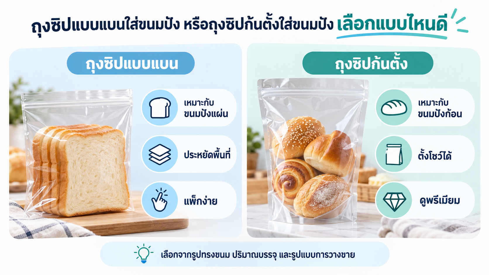 ถุงซิปแบบแบนใส่ขนมปังแผ่น กับถุงซิปก้นตั้งใส่ขนมปังก้อน เพื่อช่วยเลือกถุงซิปใส่ขนมปังให้เหมาะกับรูปทรงและการวางขาย