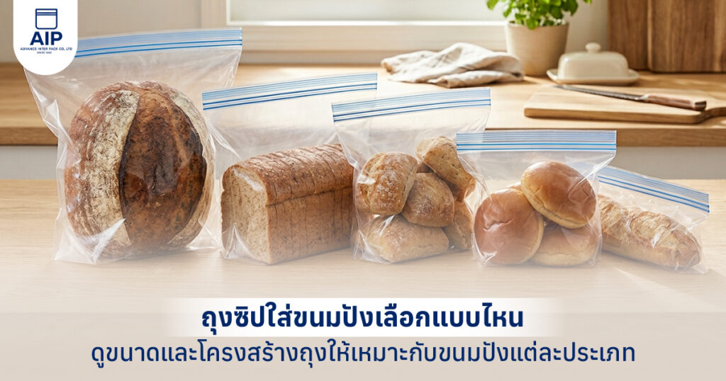 ขนมปังหลายรูปแบบบรรจุในถุงซิปล็อคใส ทั้งขนมปังก้อน ขนมปังแผ่น และขนมปังชิ้นเล็ก