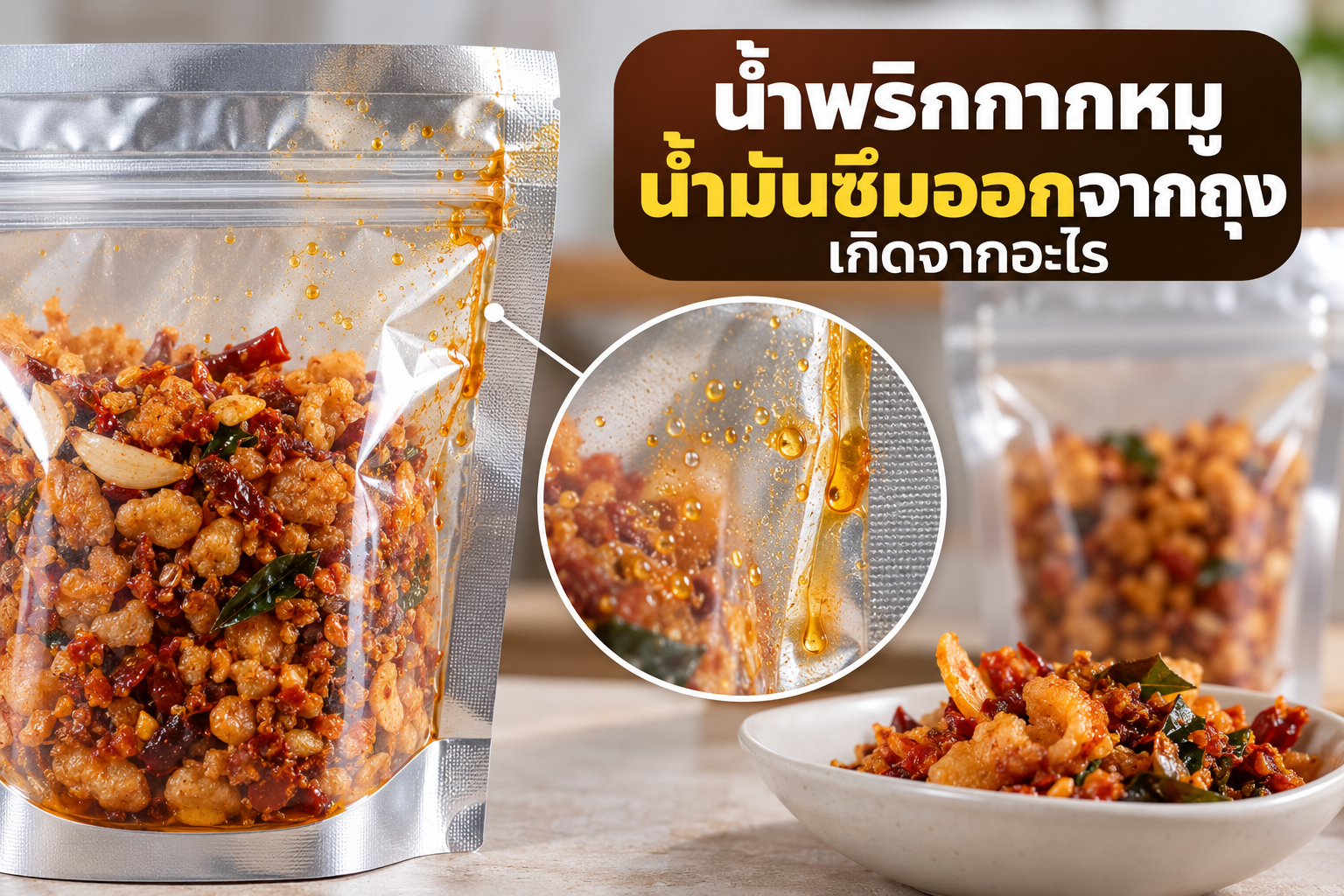 น้ำพริกกากหมูบรรจุในถุงซิปใส มีน้ำมันซึมบริเวณแนวซีลและขอบถุง แสดงปัญหาบรรจุภัณฑ์ที่อาจเกิดระหว่างการจัดเก็บ