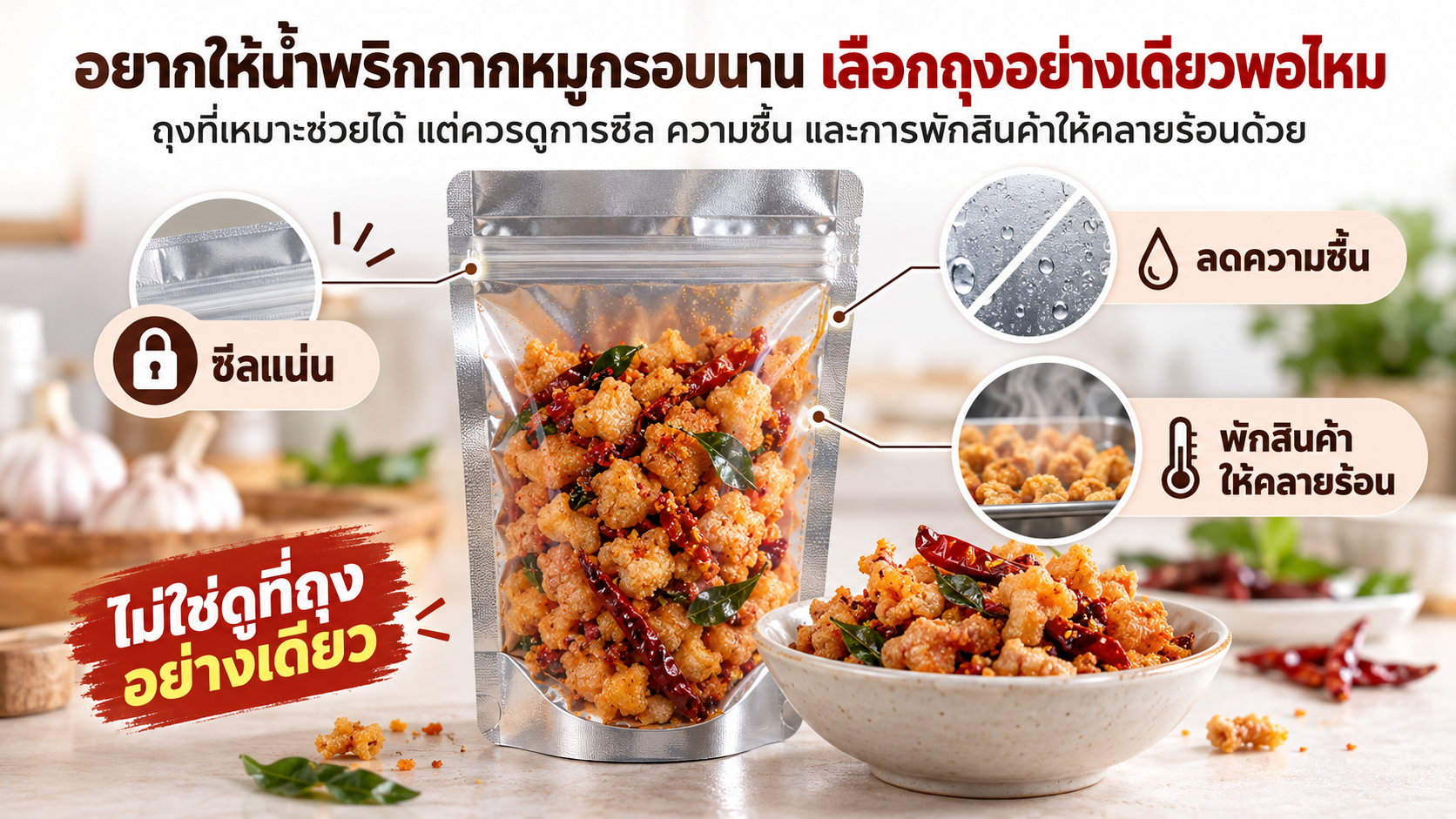 ภาพน้ำพริกกากหมูบรรจุในถุงซิป พร้อมแนวทางรักษาความกรอบด้วยการซีลให้แน่น ลดความชื้น และพักสินค้าให้คลายร้อนก่อนบรรจุ