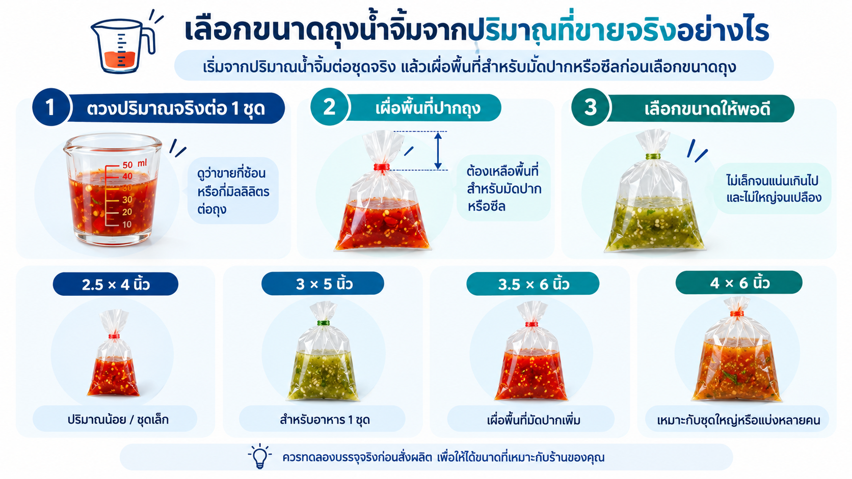 ขนาดถุงน้ำจิ้มจากปริมาณที่ขายจริง พร้อมตัวอย่างถุง 2.5 × 4, 3 × 5, 3.5 × 6 และ 4 × 6 นิ้ว
