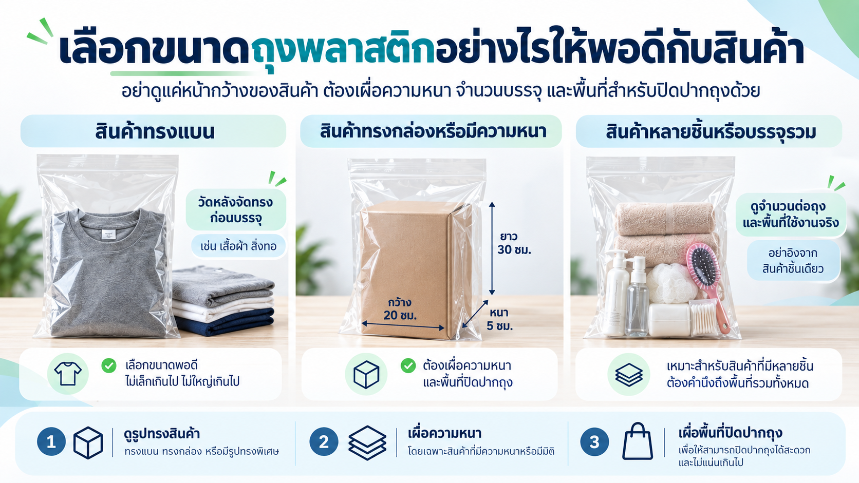 วิธีเลือกขนาดถุงพลาสติกให้เหมาะกับสินค้า พร้อมตัวอย่างการวัดสินค้าทรงแบน กล่องสินค้า และสินค้าหลายชิ้นก่อนสั่งผลิตถุงพลาสติก